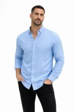 Erkek KETEN Kumaş Oversize Uzun Kollu Rahat Kalıp Gömlek - Açık Mavi