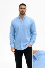 Erkek KETEN Kumaş Oversize Uzun Kollu Rahat Kalıp Gömlek - Açık Mavi - Görsel 2
