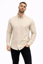Erkek KETEN Kumaş Oversize Uzun Kollu Rahat Kalıp Gömlek - Bej - Görsel 3