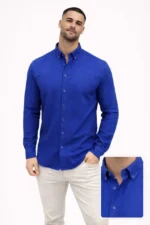 Erkek KETEN Kumaş Oversize Uzun Kollu Rahat Kalıp Gömlek - Saks Mavisi - Görsel 2