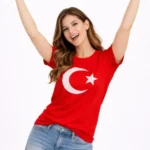 T-Shirt Kısa Kol Bisiklet Yaka Ay Yıldız Bayrak Baskılı Tişört - Kırmızı