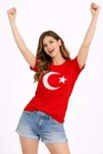 T-Shirt Kısa Kol Bisiklet Yaka Ay Yıldız Bayrak Baskılı Tişört - Kırmızı