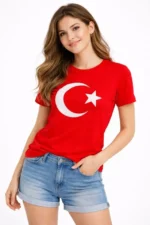 T-Shirt Kısa Kol Bisiklet Yaka Ay Yıldız Bayrak Baskılı Tişört - Kırmızı - Görsel 2