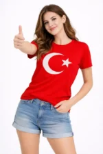 T-Shirt Kısa Kol Bisiklet Yaka Ay Yıldız Bayrak Baskılı Tişört - Kırmızı - Görsel 3