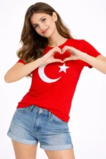 T-Shirt Kısa Kol Bisiklet Yaka Ay Yıldız Bayrak Baskılı Tişört - Kırmızı - Görsel 4