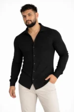 Erkek Waffle Kumaş Uzun Kollu Düğmeli Açık Yaka Regular Fit Gömlek - Siyah