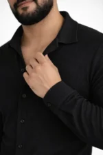 Erkek Waffle Kumaş Uzun Kollu Düğmeli Açık Yaka Regular Fit Gömlek - Siyah - Görsel 2