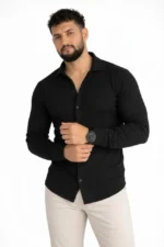 Erkek Waffle Kumaş Uzun Kollu Düğmeli Açık Yaka Regular Fit Gömlek - Siyah - Görsel 3