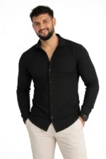 Erkek Waffle Kumaş Uzun Kollu Düğmeli Açık Yaka Regular Fit Gömlek - Siyah - Görsel 4