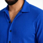 Erkek Waffle Kumaş Uzun Kollu Düğmeli Açık Yaka Regular Fit Gömlek - Saks Mavisi