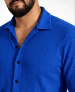 Erkek Waffle Kumaş Uzun Kollu Düğmeli Açık Yaka Regular Fit Gömlek - Saks Mavisi