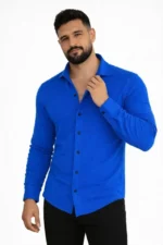 Erkek Waffle Kumaş Uzun Kollu Düğmeli Açık Yaka Regular Fit Gömlek - Saks Mavisi - Görsel 2