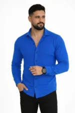 Erkek Waffle Kumaş Uzun Kollu Düğmeli Açık Yaka Regular Fit Gömlek - Saks Mavisi - Görsel 3