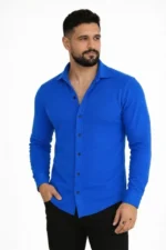 Erkek Waffle Kumaş Uzun Kollu Düğmeli Açık Yaka Regular Fit Gömlek - Saks Mavisi - Görsel 4