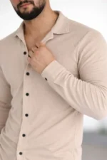 Erkek Waffle Kumaş Uzun Kollu Düğmeli Açık Yaka Regular Fit Gömlek - Bej