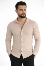 Erkek Waffle Kumaş Uzun Kollu Düğmeli Açık Yaka Regular Fit Gömlek - Bej - Görsel 2
