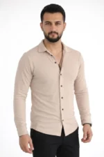 Erkek Waffle Kumaş Uzun Kollu Düğmeli Açık Yaka Regular Fit Gömlek - Bej - Görsel 3
