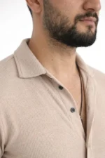 Erkek Waffle Kumaş Uzun Kollu Düğmeli Açık Yaka Regular Fit Gömlek - Bej - Görsel 4