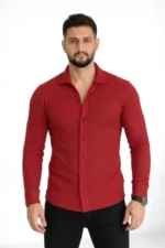 Erkek Waffle Kumaş Uzun Kollu Düğmeli Açık Yaka Regular Fit Gömlek - Kırmızı - Görsel 3