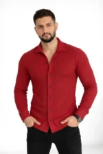 Erkek Waffle Kumaş Uzun Kollu Düğmeli Açık Yaka Regular Fit Gömlek - Kırmızı - Görsel 4