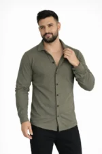 Erkek Waffle Kumaş Uzun Kollu Düğmeli Açık Yaka Regular Fit Gömlek - Haki