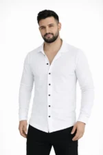 Erkek Waffle Kumaş Uzun Kollu Düğmeli Açık Yaka Regular Fit Gömlek - Beyaz - Görsel 2