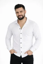 Erkek Waffle Kumaş Uzun Kollu Düğmeli Açık Yaka Regular Fit Gömlek - Beyaz - Görsel 3