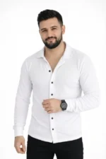 Erkek Waffle Kumaş Uzun Kollu Düğmeli Açık Yaka Regular Fit Gömlek - Beyaz - Görsel 4