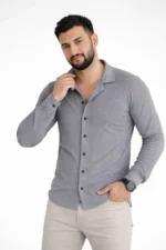 Erkek Waffle Kumaş Uzun Kollu Düğmeli Açık Yaka Regular Fit Gömlek - Füme