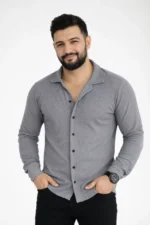 Erkek Waffle Kumaş Uzun Kollu Düğmeli Açık Yaka Regular Fit Gömlek - Füme - Görsel 3