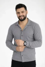 Erkek Waffle Kumaş Uzun Kollu Düğmeli Açık Yaka Regular Fit Gömlek - Füme - Görsel 4