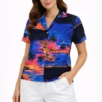 Gün Batımı Tropikal Desenli Kısa Kol Gömlek Şort Takım Yazlık Rahat Kalıp - Desenli