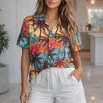 Tropikal Palmiye Desenli Kısa Kol Gömlek Şort Takım Yazlık Rahat Kalıp - Desenli