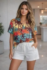 Tropikal Palmiye Desenli Kısa Kol Gömlek Şort Takım Yazlık Rahat Kalıp - Desenli