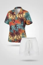 Tropikal Palmiye Desenli Kısa Kol Gömlek Şort Takım Yazlık Rahat Kalıp - Desenli - Görsel 2