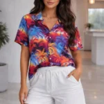 Renkli Tropikal Palmiye Desenli Kısa Kol Gömlek Şort Takım Yazlık Rahat Kalıp - Desenli