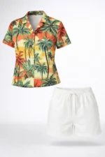 Tropikal Palmiye Desenli Kısa Kol Gömlek Şort Takım Yazlık Rahat - Desenli - Görsel 2