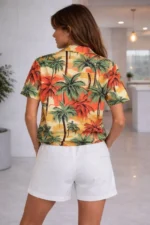 Tropikal Palmiye Desenli Kısa Kol Gömlek Şort Takım Yazlık Rahat - Desenli - Görsel 3
