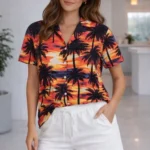 Tropikal Palmiye Desenli Gömlek Şort Takım Yazlık Rahat Kalıp - Desenli