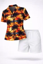 Tropikal Palmiye Desenli Gömlek Şort Takım Yazlık Rahat Kalıp - Desenli - Görsel 2