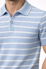 Erkek Triko Polo Yaka Fermuarlı Çizgili Tişört T-Shirt Yazlık Şık - Bebek Mavisi - Görsel 2