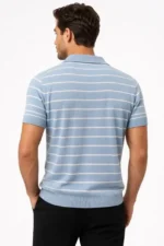 Erkek Triko Polo Yaka Fermuarlı Çizgili Tişört T-Shirt Yazlık Şık - Bebek Mavisi - Görsel 3