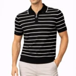 Erkek Triko Polo Yaka Fermuarlı Çizgili Tişört T-Shirt Yazlık Şık - Siyah