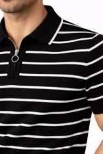 Erkek Triko Polo Yaka Fermuarlı Çizgili Tişört T-Shirt Yazlık Şık - Siyah - Görsel 2