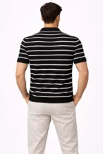 Erkek Triko Polo Yaka Fermuarlı Çizgili Tişört T-Shirt Yazlık Şık - Siyah - Görsel 3