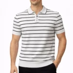 Erkek Triko Polo Yaka Fermuarlı Çizgili Tişört T-Shirt Yazlık Şık - Beyaz