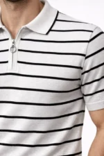 Erkek Triko Polo Yaka Fermuarlı Çizgili Tişört T-Shirt Yazlık Şık - Beyaz - Görsel 2