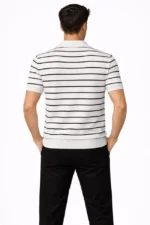 Erkek Triko Polo Yaka Fermuarlı Çizgili Tişört T-Shirt Yazlık Şık - Beyaz - Görsel 3