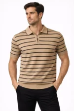 Erkek Triko Polo Yaka Fermuarlı Çizgili Tişört T-Shirt Yazlık Şık - Kahverengi