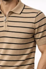Erkek Triko Polo Yaka Fermuarlı Çizgili Tişört T-Shirt Yazlık Şık - Kahverengi - Görsel 2